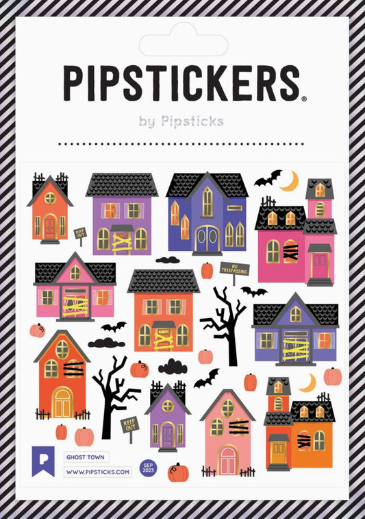 Pipsticks Ghost Town Halloween sticker sheet with haunted houses, bats, and spooky fall designs – perfect for snail mail and journaling