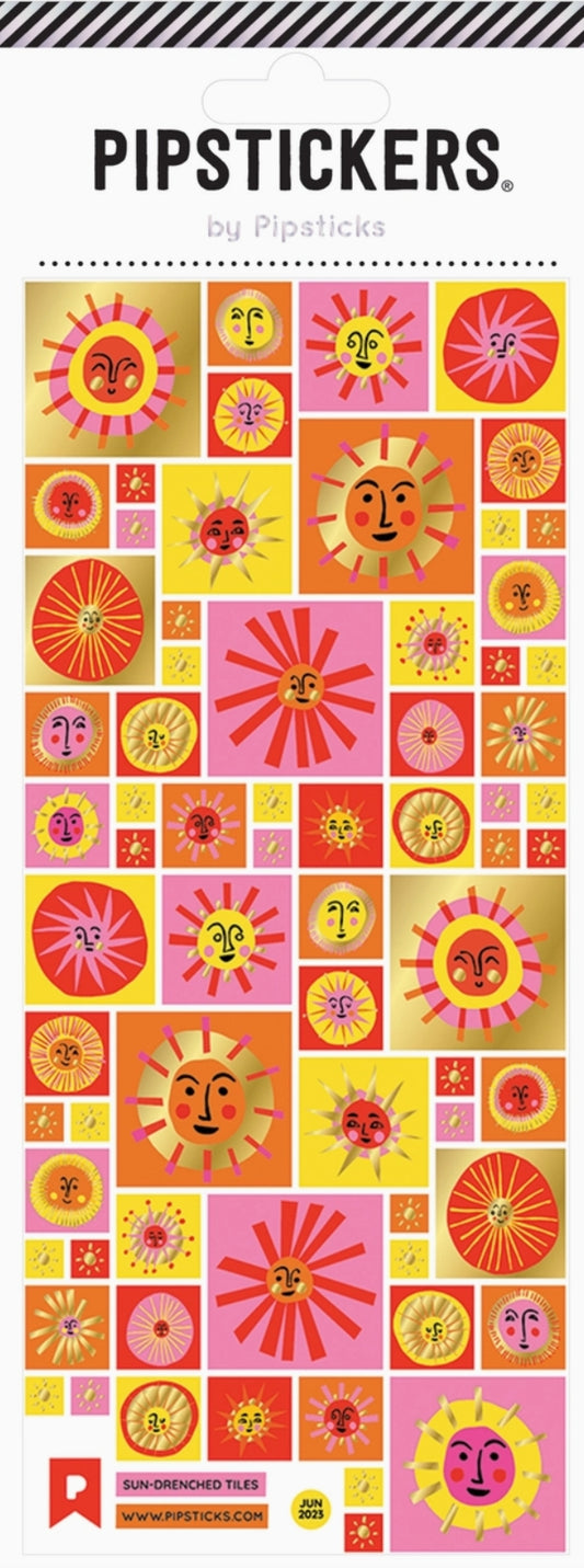 Pipsticks  Sun-Drenched Tiles Sticker Sheet featuring Pipstickers with colorful sun and flower designs.