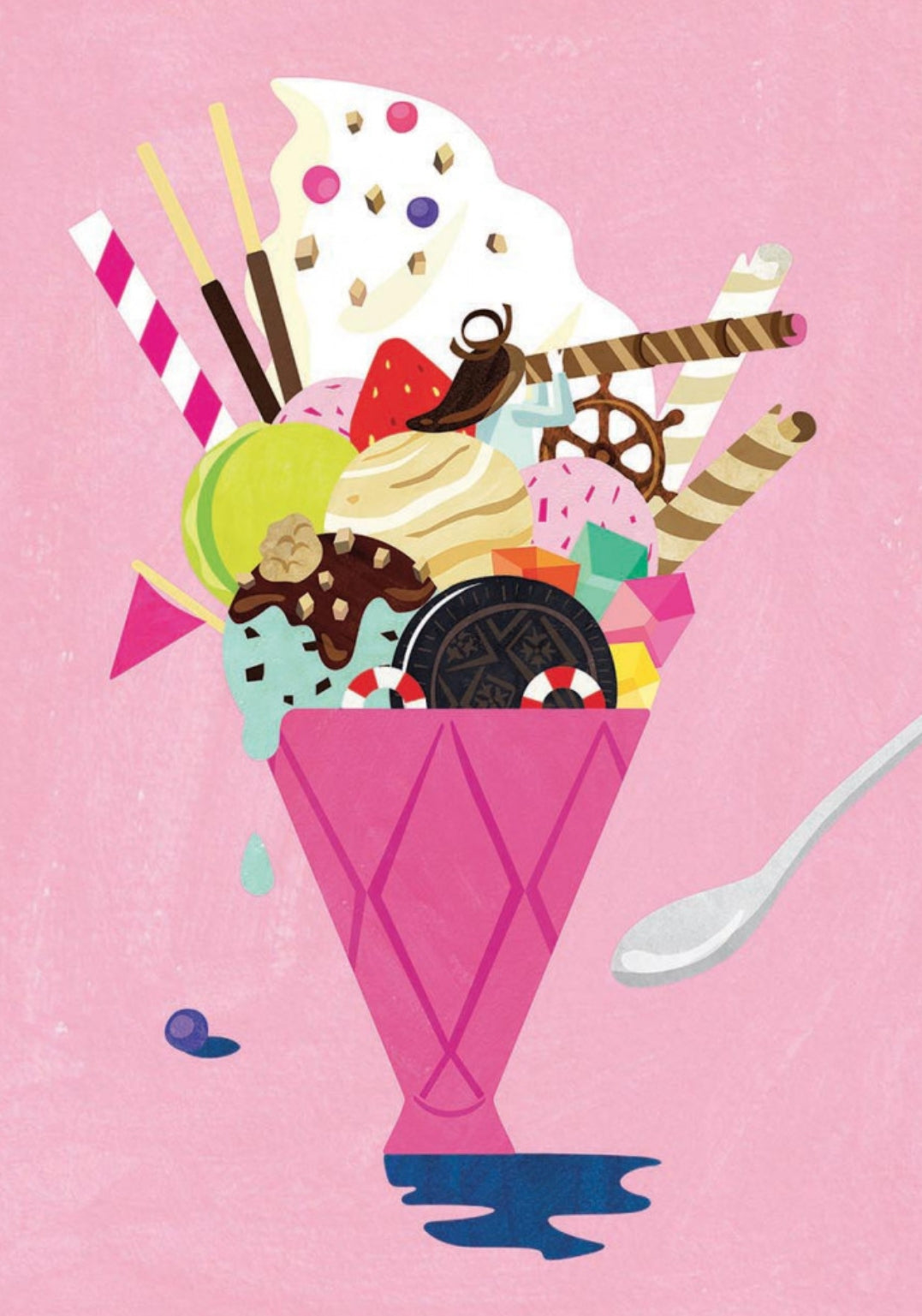 Ice Cream Postcard by Shihotana featuring a bright colorful illustration of a ice cream sundae with a pink background
