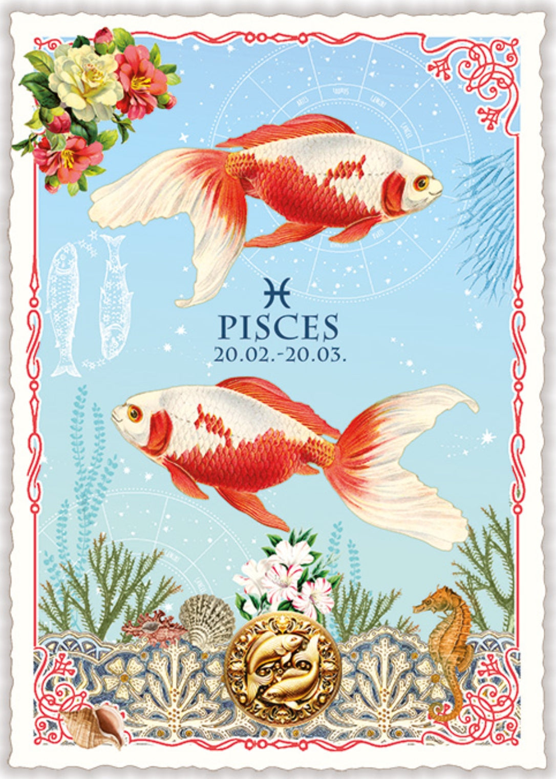 Edition Tausendschön Postcard featuring the Pisces zodiac sign with two fish, flowers, and decorative elements on a blue background