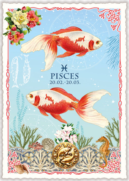Edition Tausendschön Postcard featuring the Pisces zodiac sign with two fish, flowers, and decorative elements on a blue background