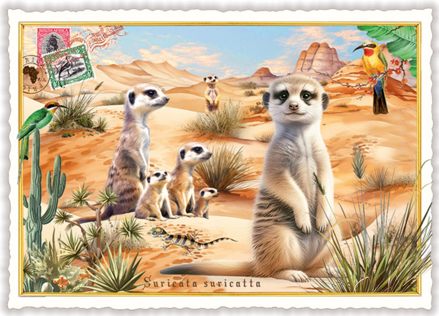 Meerkat Postcard by Edition Tausendschön featuring an illustration of meerkats in a desert landscape with cacti and birds.