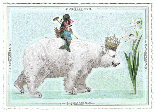 Polar Bear & Fish Postcard by Edition Tausendschön featuring a fish riding a polar bear with a crown, set against a light blue background with decorative elements.