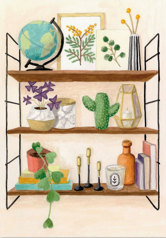 Objects Postcard by Melanie Voituriez featuring an illustration of a shelf with various decorative items including plants and books.