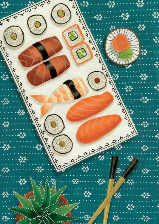 Sushi Postcard by Mélanie Voituriez featuring sushi on a decorative plate with chopsticks and a potted plant on a blue floral patterned background.