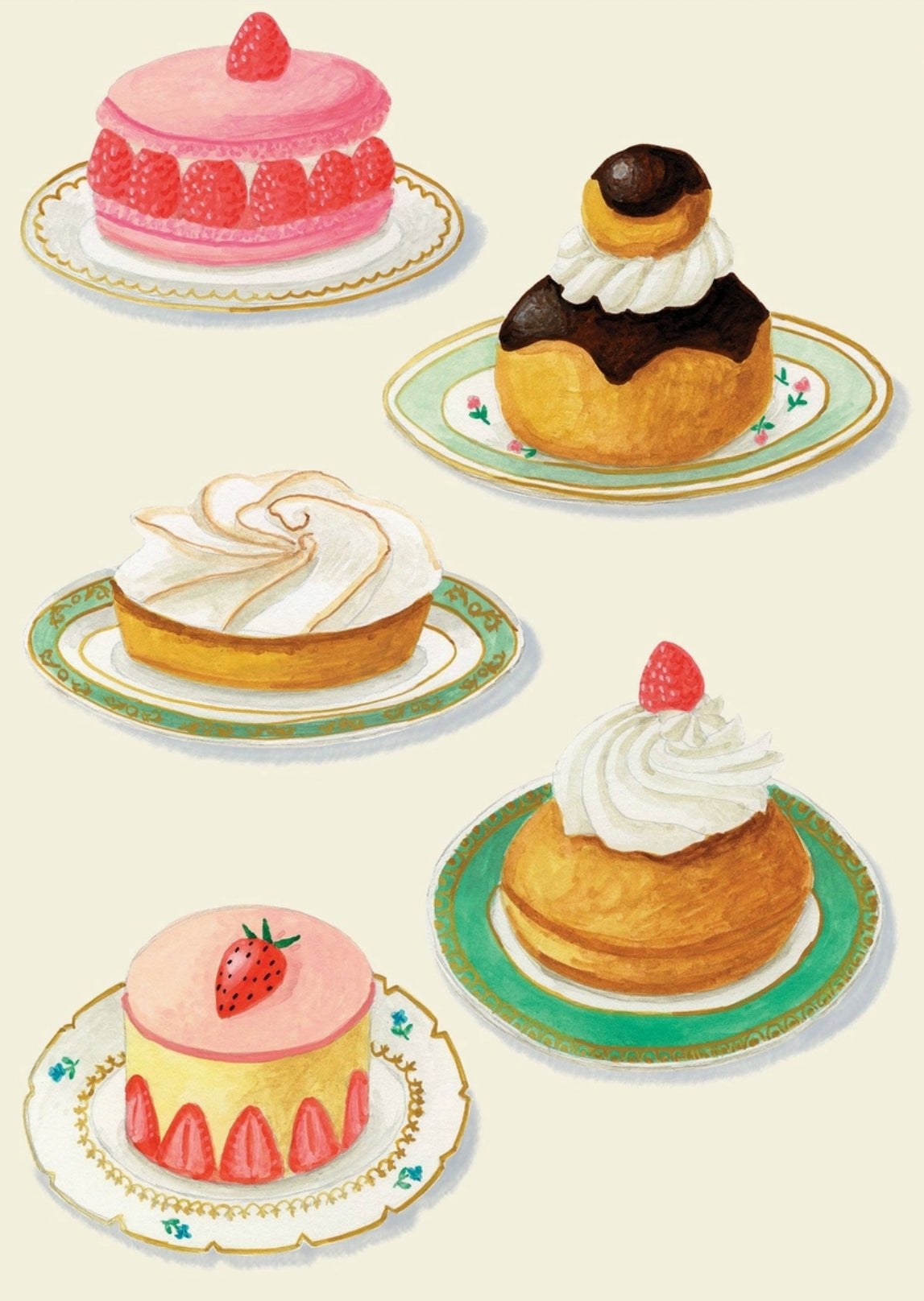 Sweets Postcard by Mélanie Voituriez featuring various pastries on decorative plates with a light background