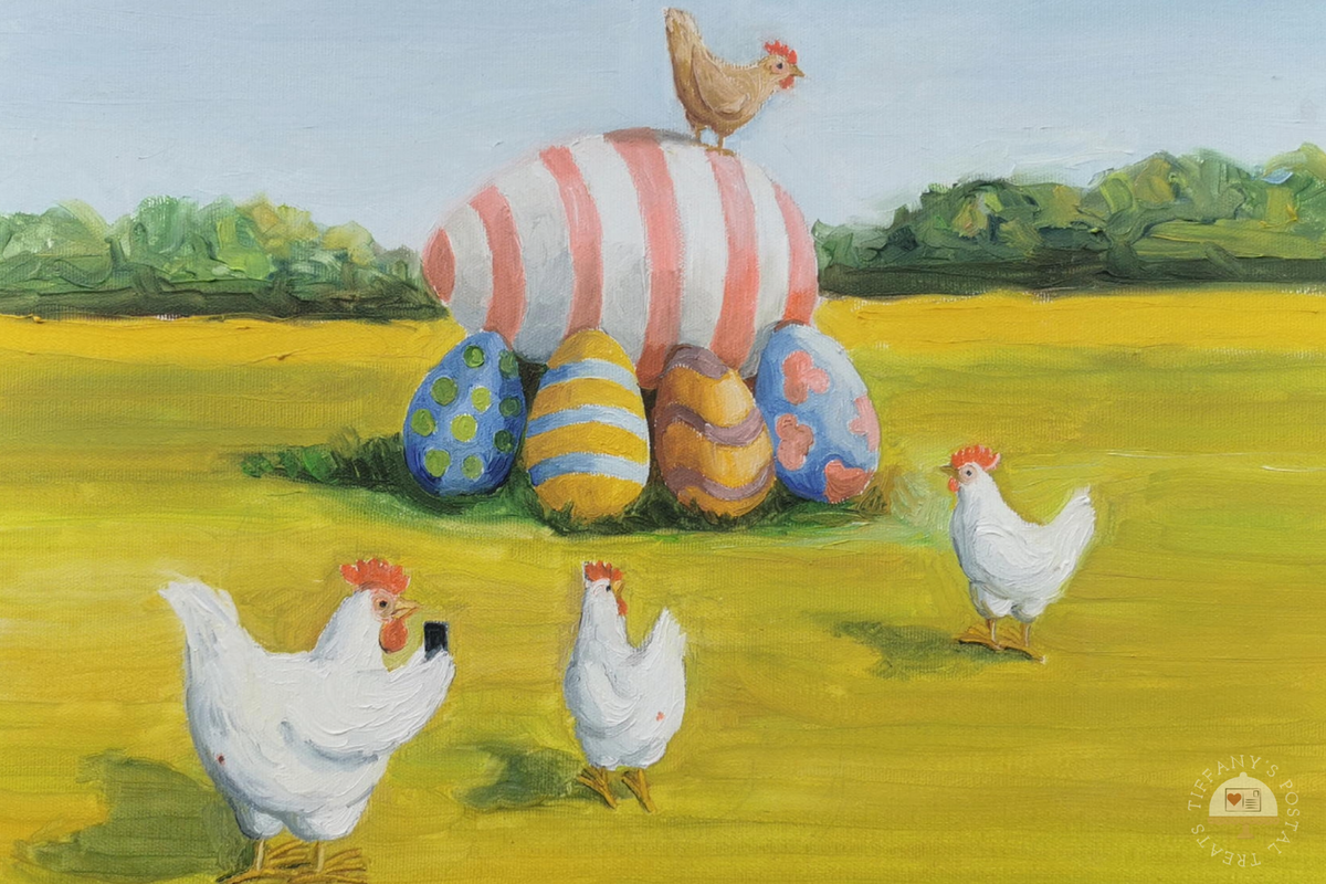  Prehistoric Chicken Grave featuring a scene of chickens in a yellow field with a large colored eggs, and green trees in the background.