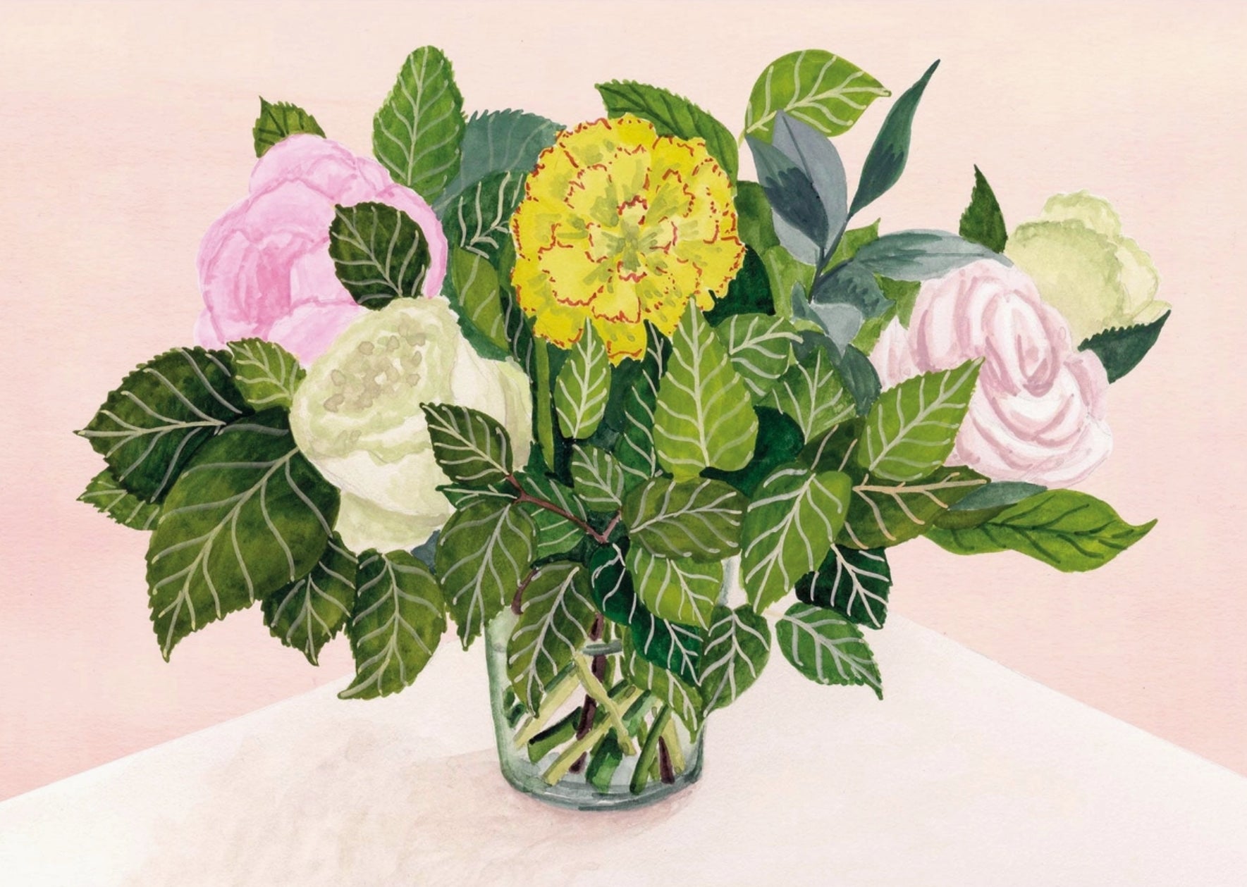 Pretty Flowers Postcard by Melanie Voituriez featuring a bouquet of flowers in a glass vase on a light pink background