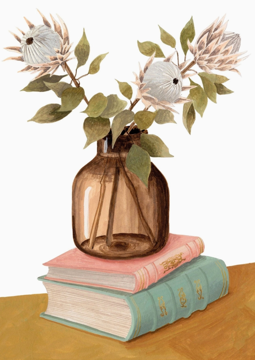 Protea Postcard by Mélanie Voituriez featuring a brown glass vase filled with flowers and green leaves, placed on top of two stacked books on a wooden surface against a white background.