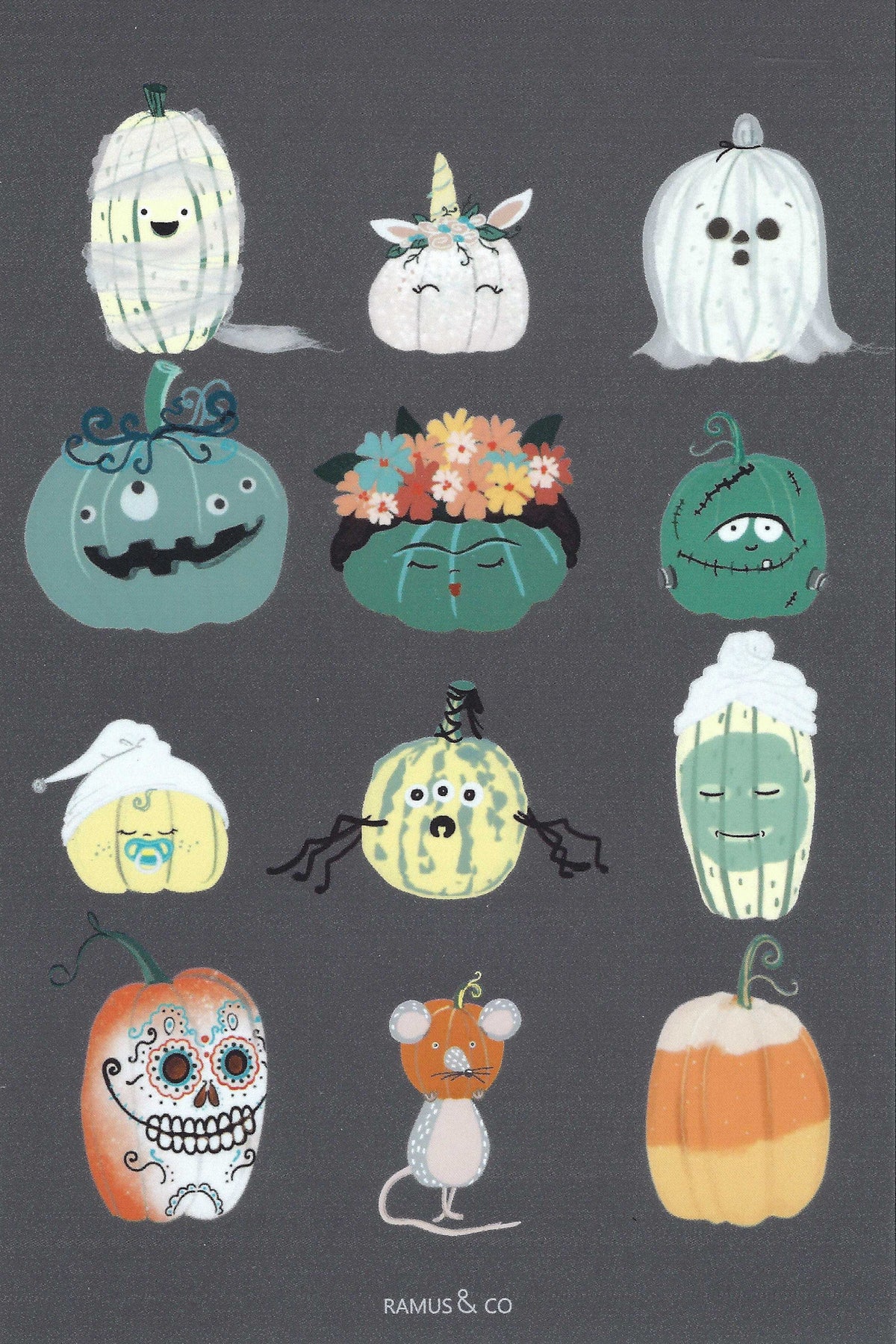 Pumpkin Dress Up Postcard by Ramus & Company featuring an Illustration of decorated pumpkins
