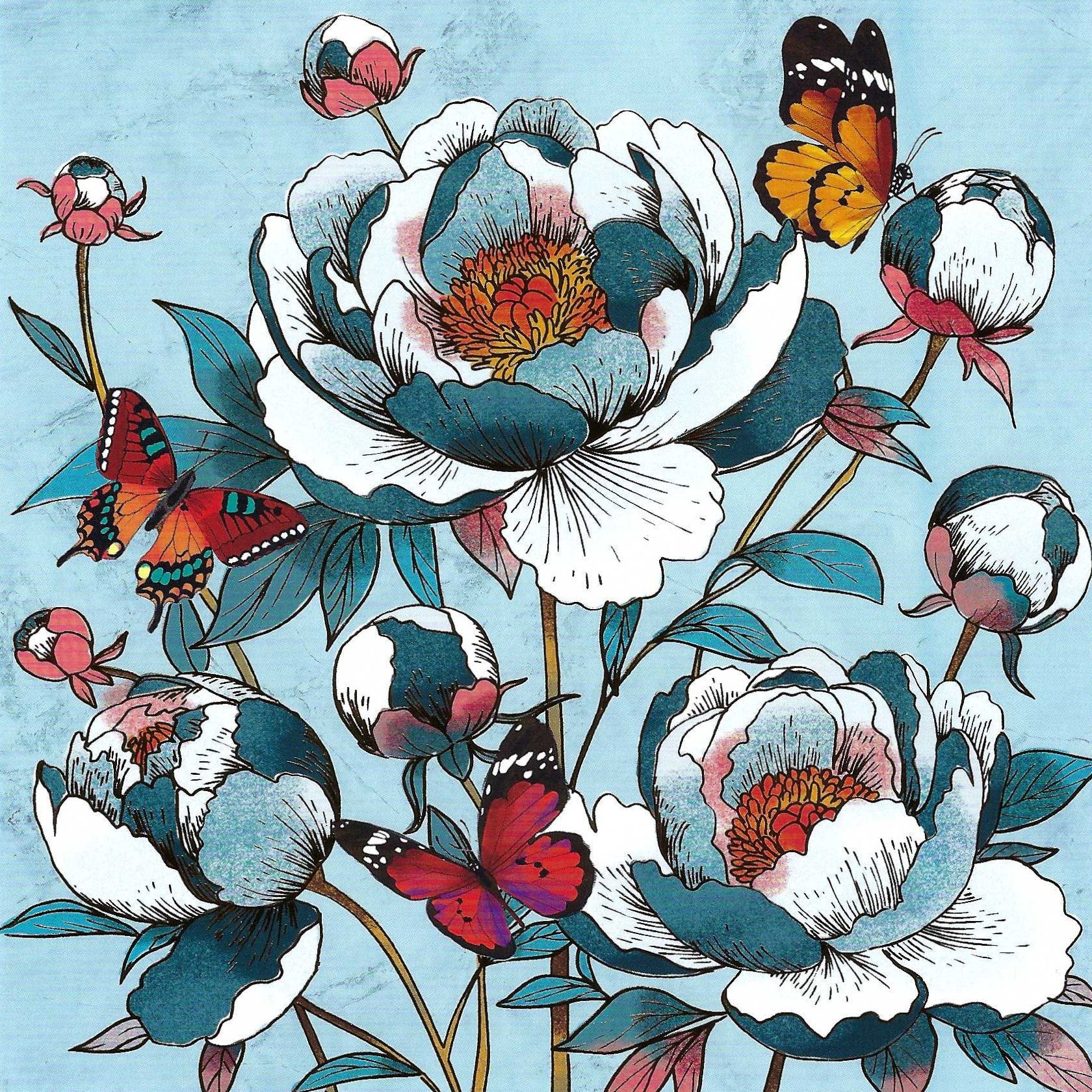 Editor Art of Emotion Koyto Postcard featuring a pretty illustration of flowers and butterflies on a light blue background with goil foil details