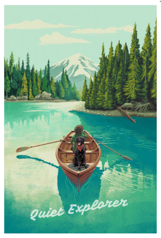 Quiet Explorer Canoeing Postcard by Lantern Press featuring a black dog sitting in a wooden rowboat on a turquoise lake, with pine trees, a snow-capped mountain, and the words 'Quiet Explorer' at the bottom.