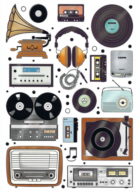 Quire - Audio - Music - Gramophone - Record Player - Tape Recorder - Stereo - Headphones - Postcard with foil details