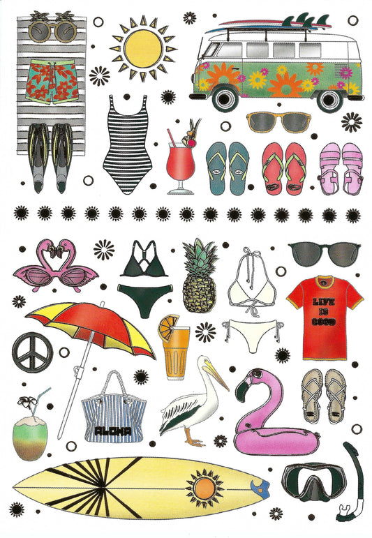 Quire - Summer - Summer Fun - Beach - Flip Flops - Surfboard - Sunglasses - Camper Van - Postcard with foil details