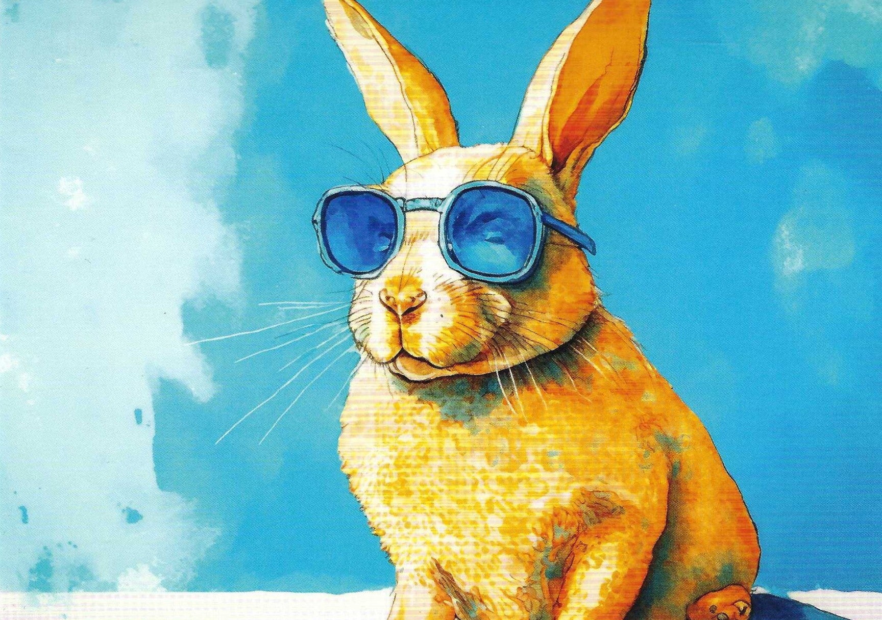 Rabbit with Chic Sunglasses Postcard featuring a rabbit wearing sunglasses against a blue background