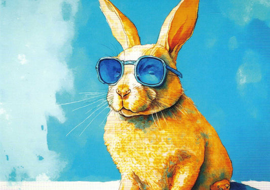 Rabbit with Chic Sunglasses Postcard featuring a rabbit wearing sunglasses against a blue background
