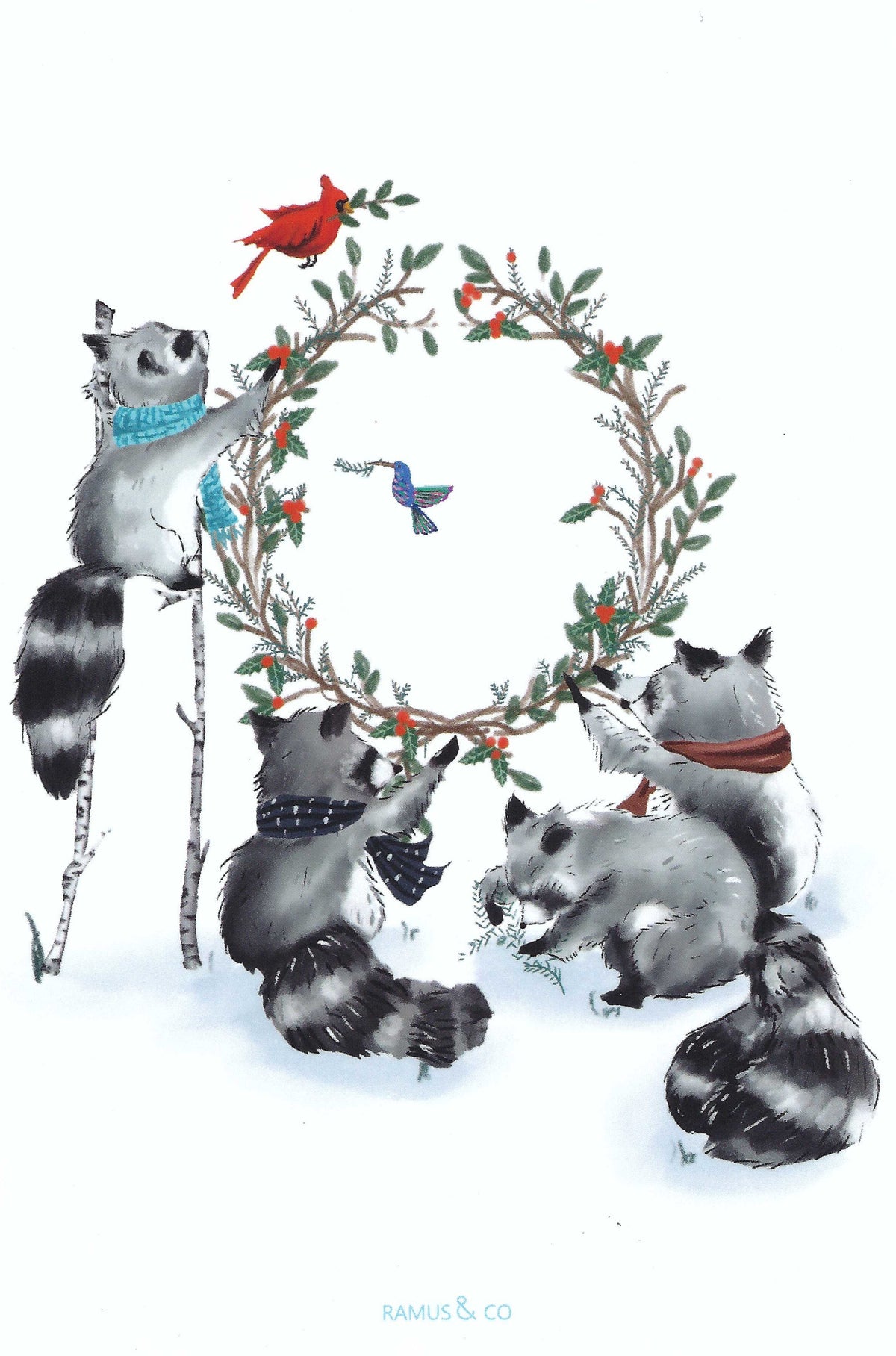 Raccoon Family Wreath Postcard by Ramus & Company