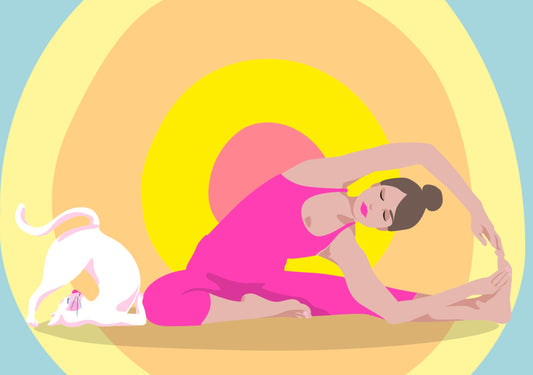 Rainbow Yoga Cat Postcard by Nobis Design featuring an illustration of a woman doing yoga with a cat on a bright background