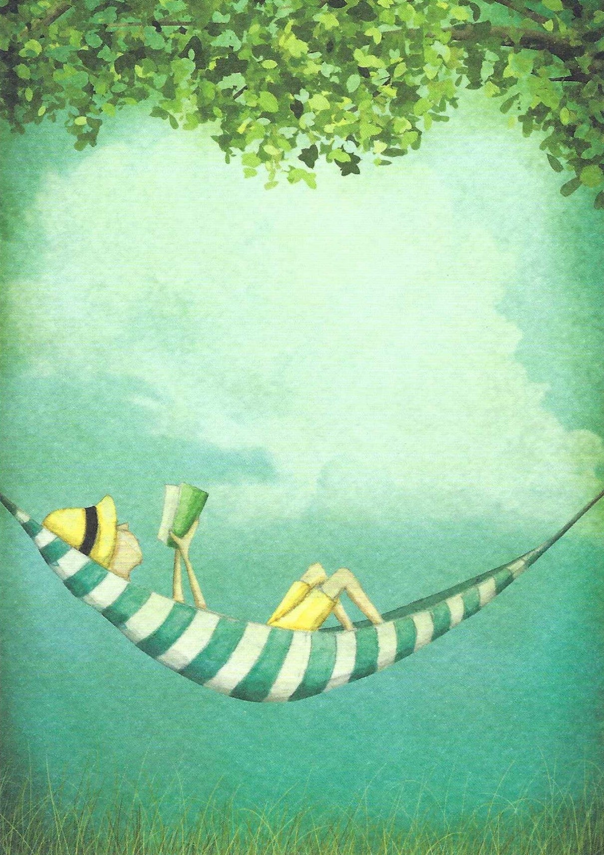 Reading in the Hammock Postcard featuring a person reading a book while relaxing in a striped hammock under a tree with green leaves.