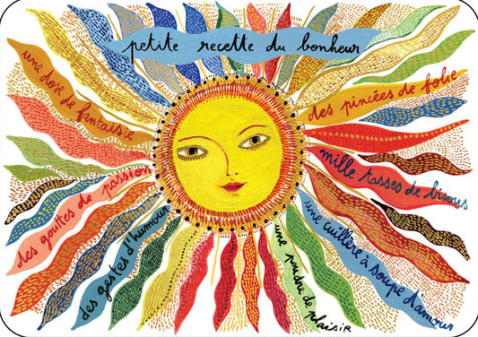 Recipe for Happiness Postcard by Cartes d'Art featuring a colorful illustration of a sun text around it.