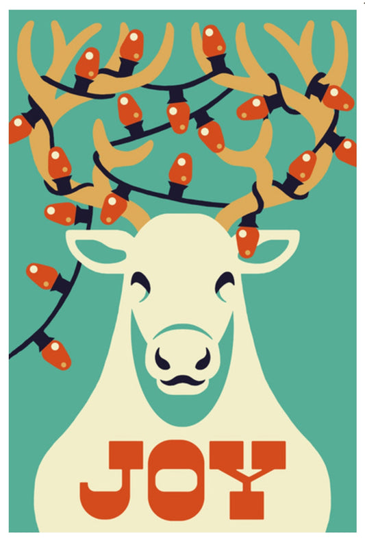 Reindeer Retro Christmas Postcard by Lantern Press featuring a 6Deer with Christmas lights on antlers and 'JOY' text