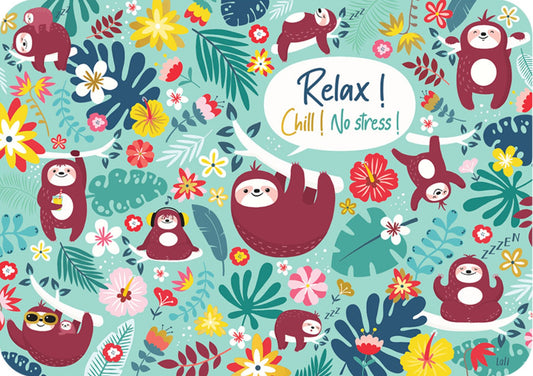 Relax - No Stress Sloth Postcard by Cartes d'Art featuring several sloths with branches and flowers.