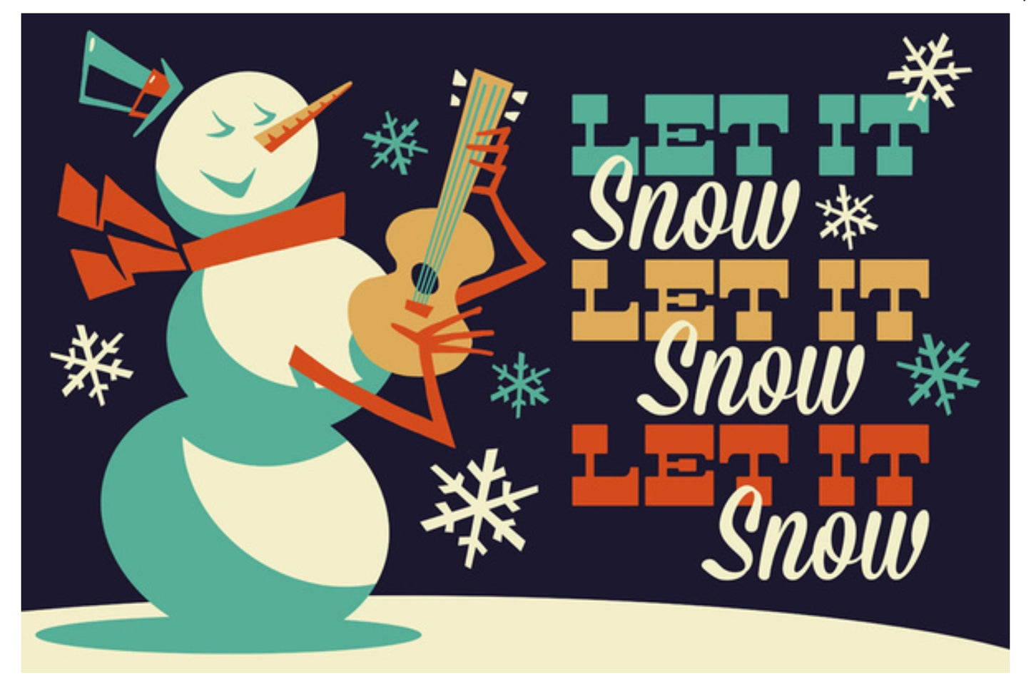 Retro Christmas Snowman Postcard by Lantern Press featuring a snowman playing guitar with 'Let It Snow' text 