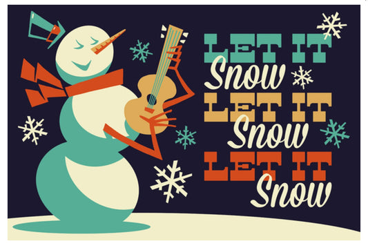 Retro Christmas Snowman Postcard by Lantern Press featuring a snowman playing guitar with 'Let It Snow' text 