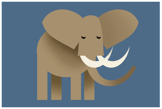 Retro Style Elephant Postcard by Lantern Press featuring an elephant in warm tan and gray tones with white tusks, centered on a muted blue background.