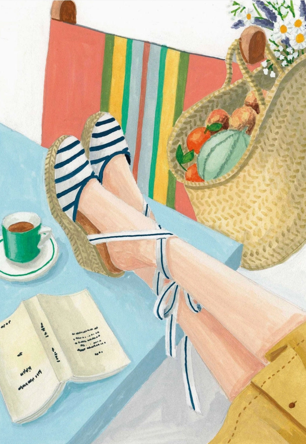 Illustrated postcard by Mélanie Voituriez showing a woman returning from the market with flowers and produce - ideal for snail mail and Postcrossing.