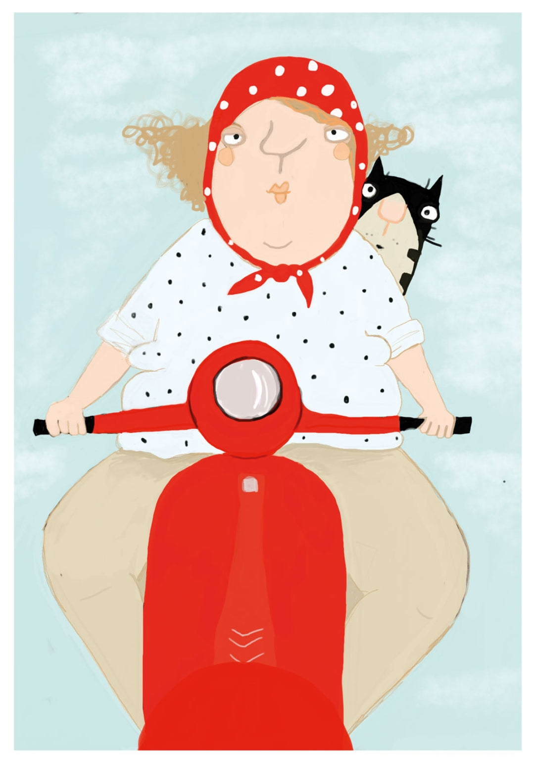 Roller Postcard by Nobis Design featuring an illustration of a person wearing and white shirt with black polka dots, riding a red scooter with a black cat on their shoulder against a light blue background.