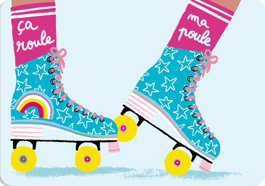Cartes d'Art postcard featuring colorful roller skates with pink socks on a light blue background with foil accents.