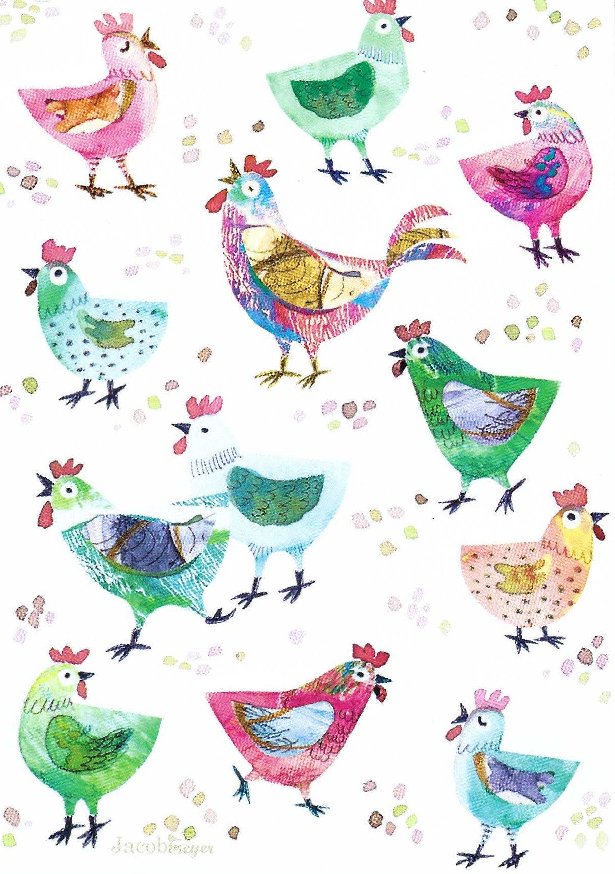 Rooster and Chickens Postcard featuring a colorful illustration of chickens and a rooster on a white background