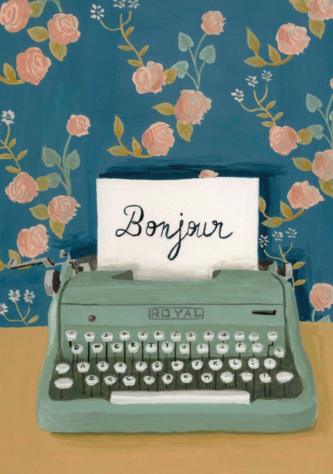 Royal Typewriter Postcard by Mélanie Voituriez featuring a vintage typewriter with 'Bonjour' paper on a floral background
