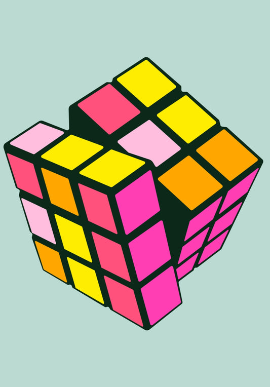 Rubik’s Cube Postcard by Nobis Design featuring a Rubik's cube with brightly colored squares in pink, yellow, orange, and light pink, shown on a solid light teal background.