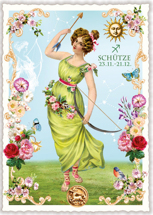 Sagittarius Zodiac Sign Postcard by Edition Tausendschön featuring a woman in a green dress with a bow and arrow, surrounded by flowers and decorative elements.