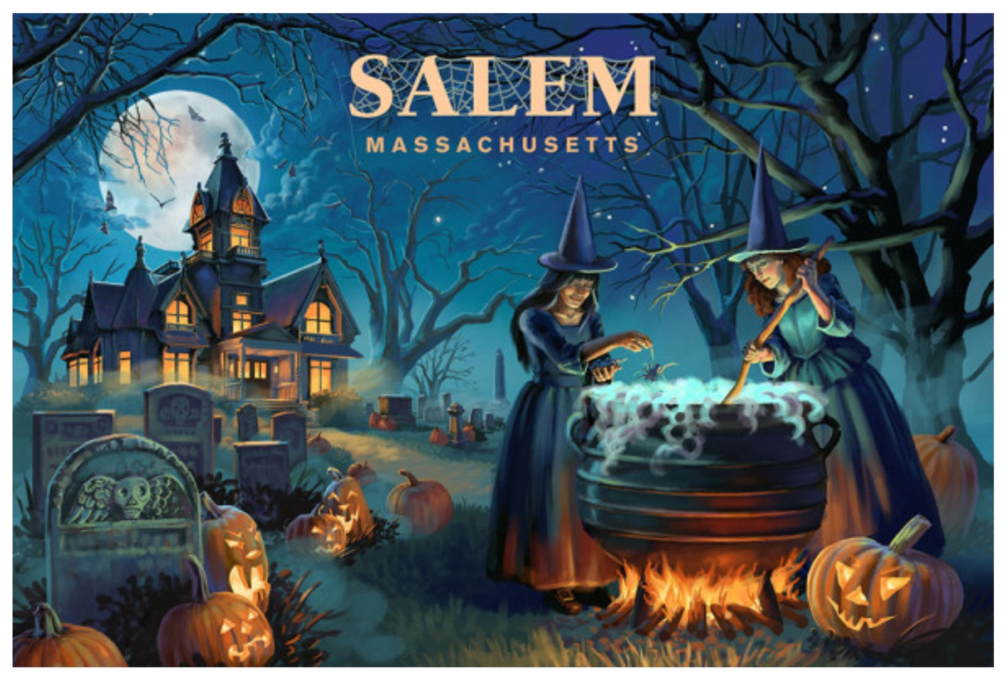 Cemetery Witch's Brew Salem, Massachusetts Postcard by Lantern Press featuring Salem, Massachusetts, with a haunted house, two witches cauldron, pumpkins, bare trees, and a full moon under a dark blue night sky.