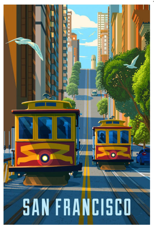 Lantern Press Postcard of San Francisco, California featuring cable cars on tracks with cityscape and 'San Francisco' text