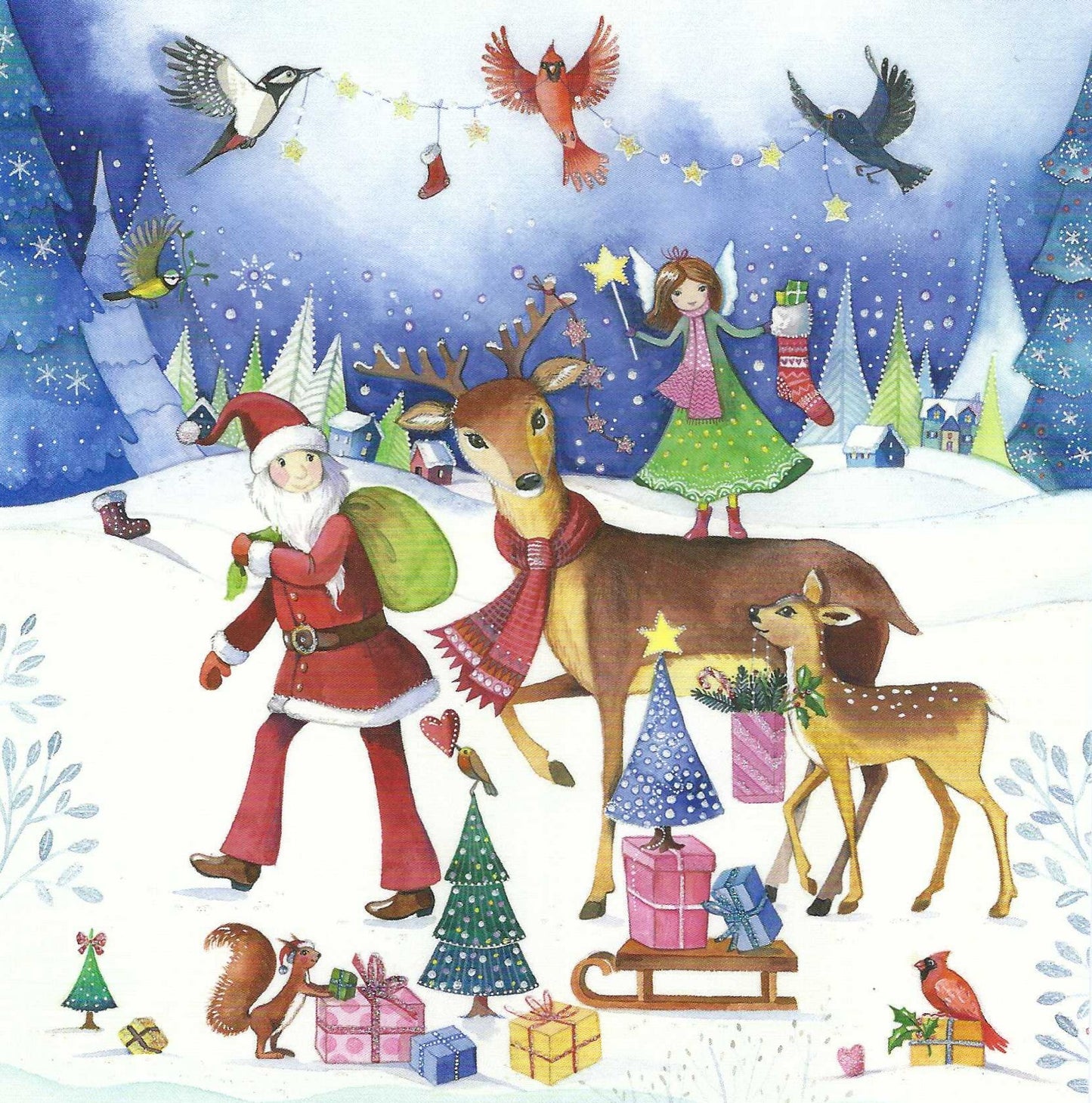 Santa and Reindeer Postcard by Kristiana Heinemann featuring n illustration of Santa Claus with reindeer and Christmas elements in a snowy landscape with animals