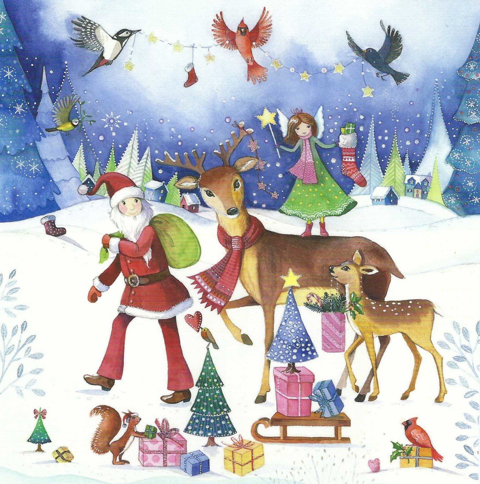 Santa and Reindeer Postcard by Kristiana Heinemann featuring n illustration of Santa Claus with reindeer and Christmas elements in a snowy landscape with animals
