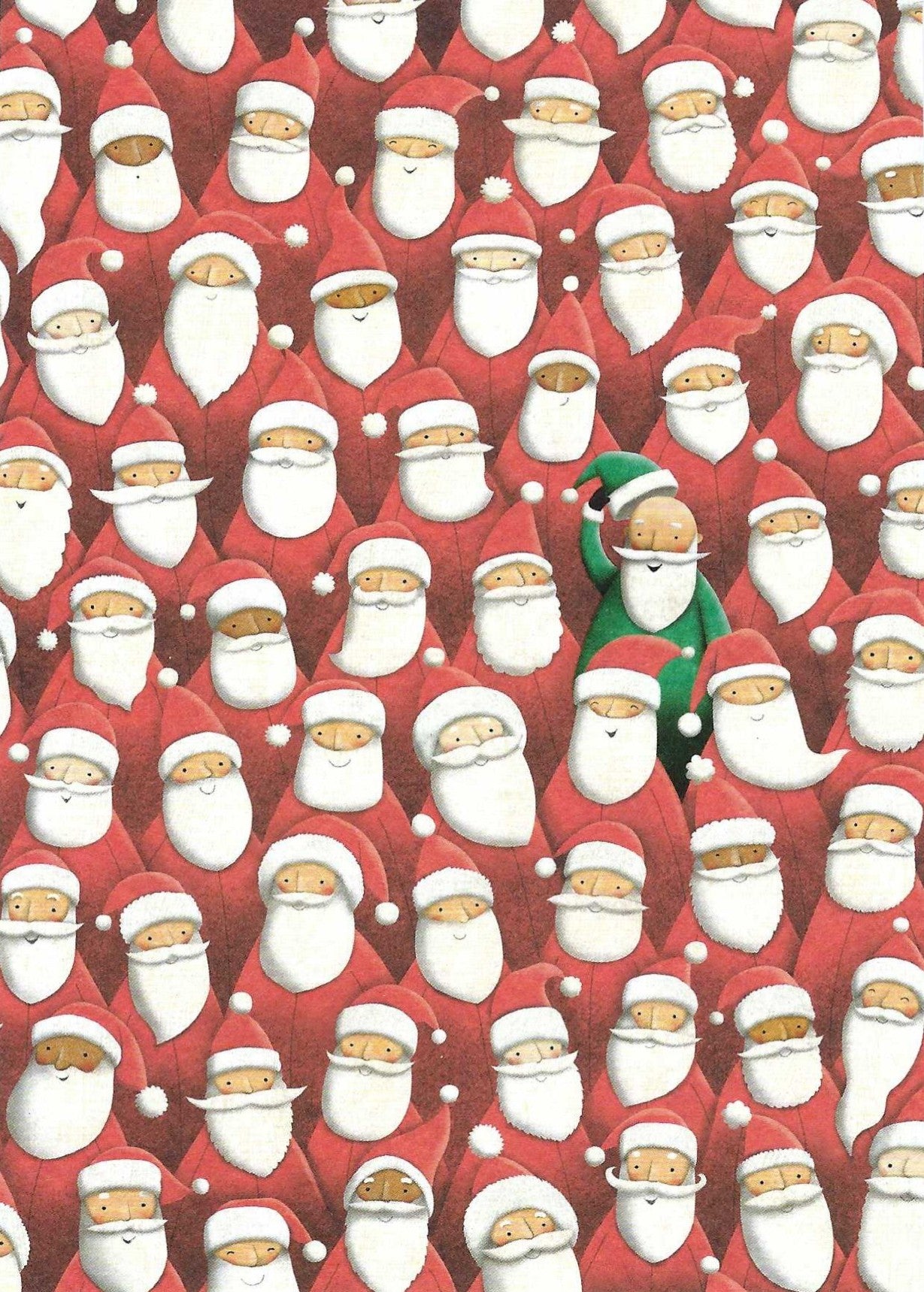 The Green Santa postcard by Skowronski & Koch featuring a festive pattern of multiple Santa Claus figures, including one in a green outfit.
