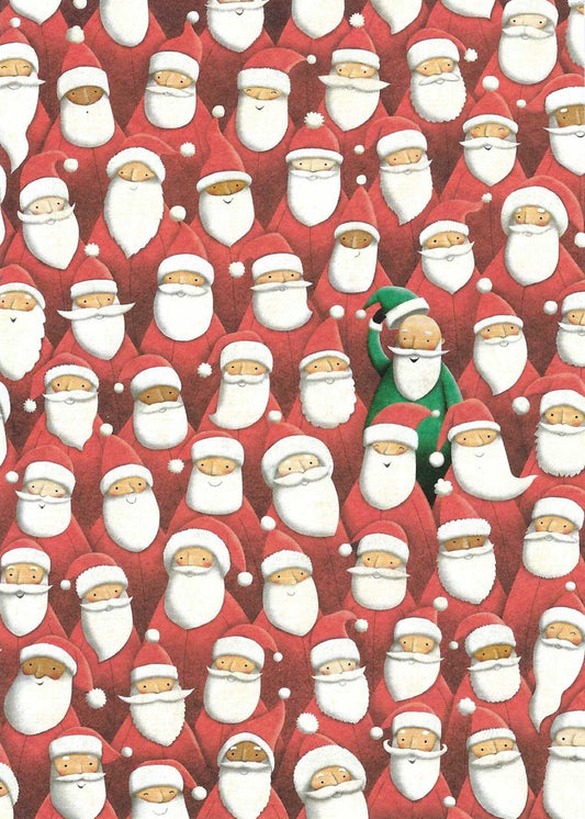 The Green Santa postcard by Skowronski & Koch featuring a festive pattern of multiple Santa Claus figures, including one in a green outfit.