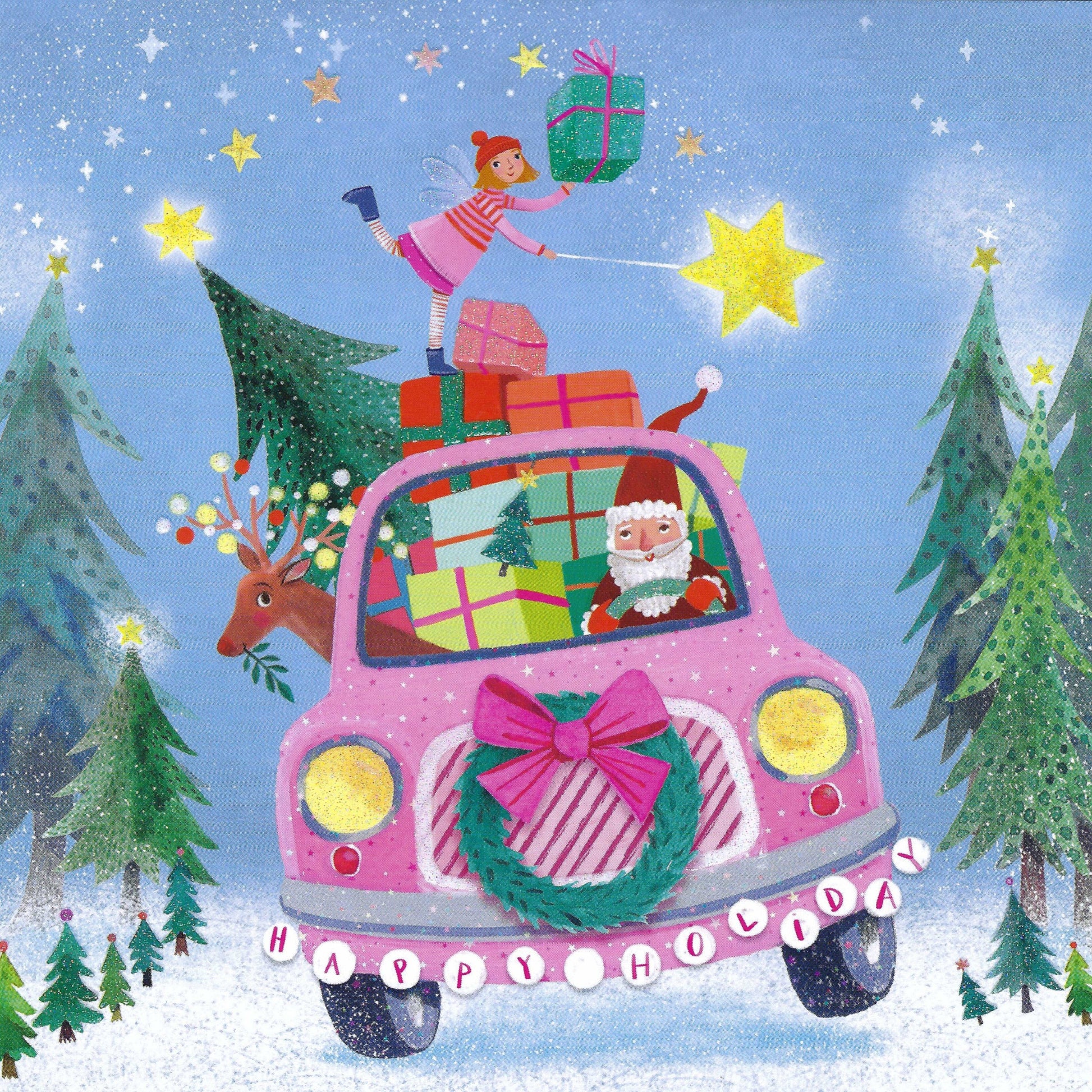 Santa Claus Christmas Postcard by Mila Marquis - Edition Gollong with glitter details featuring Santa driving a pink car with a reindeer and gifts, surrounded by Christmas trees and stars.