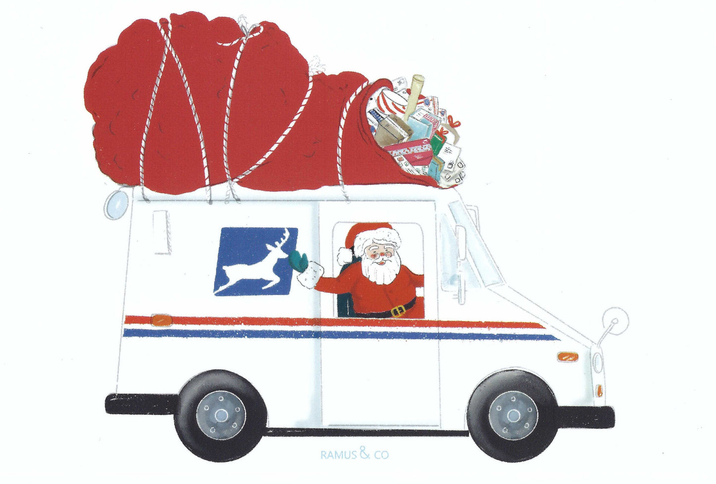 Santa Delivery Man Postcard by Ramus & Company featuring an illustration of Santa Claus driving a Mail truck with a red sack of Letters and Packages