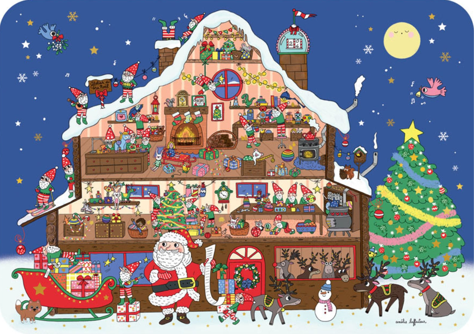 Santa's Workshop Postcard by Cartes d'Art featuring a festive house with Santa Claus, reindeer, and Christmas decorations against a blue night sky.