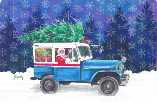 Santa in Vintage Mail Truck Postcard by FoxFern Studios