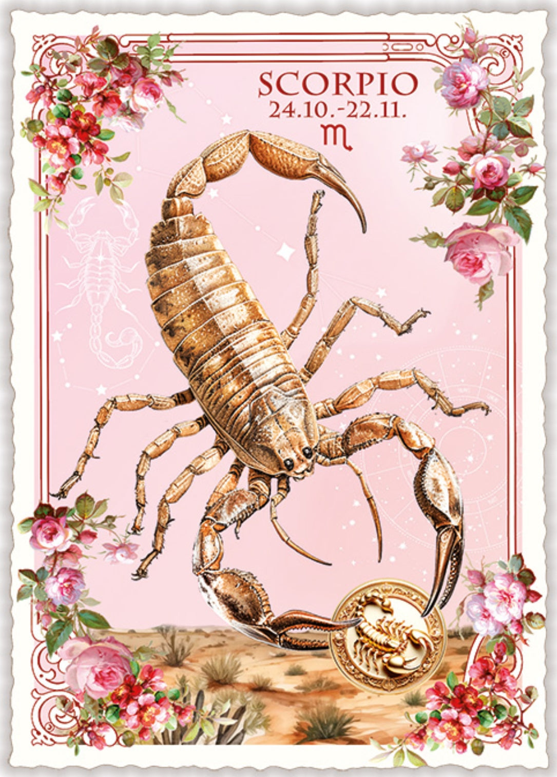 Scorpio Zodiac Sign Postcard by Edition Tausendschön featuring an illustration of a scorpian with floral decorations on a pink background