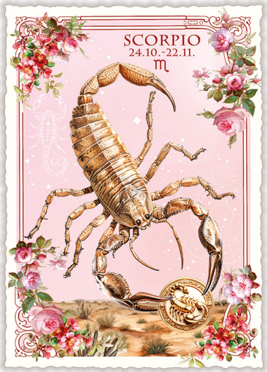 Scorpio Zodiac Sign Postcard by Edition Tausendschön featuring an illustration of a scorpian with floral decorations on a pink background