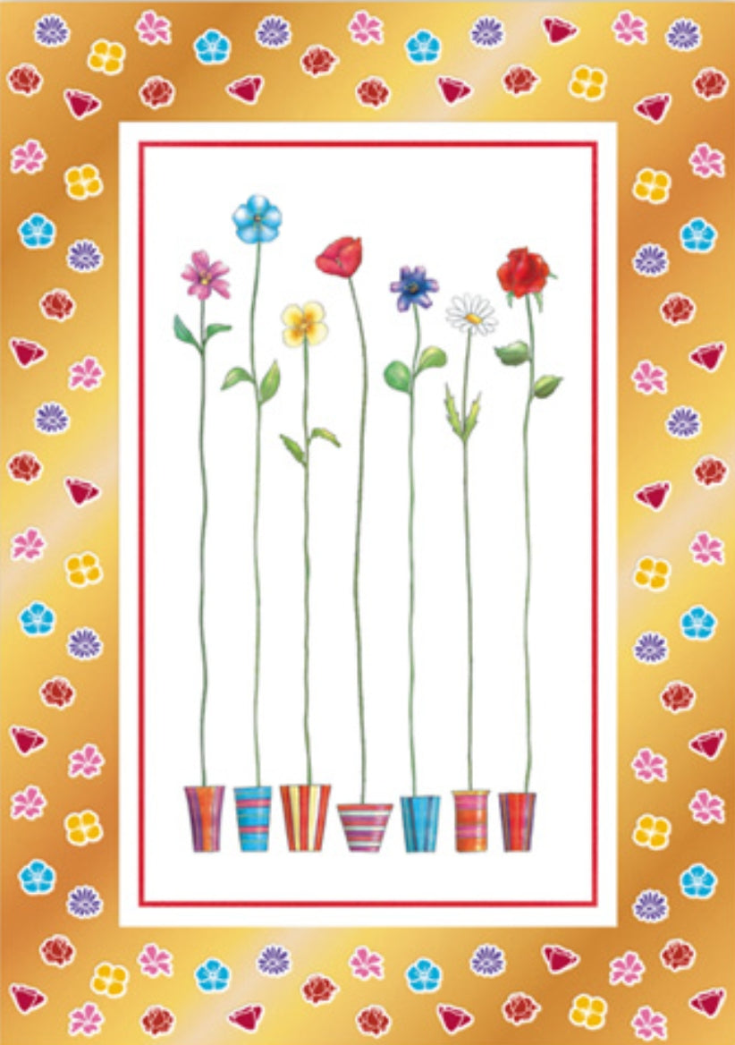 A colorful postcard by Quire featuring illustrations of flowers and flower pots, with a gold foil border.
