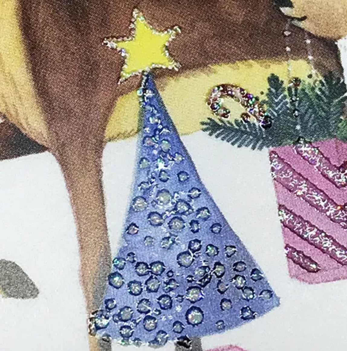 Santa and Reindeer Postcard by Kristiana Heinemann with pretty lacquer and glitter details.